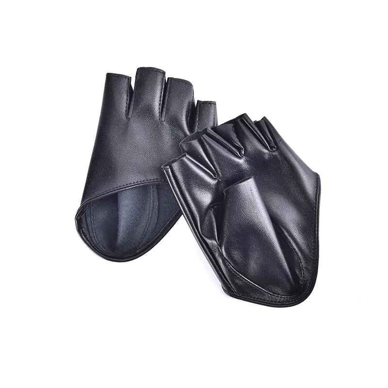 1pair Women Fashion PU Leather Half Finger Gloves Cool Goth Punk Rock Hollow Fingerless Gloves Boy Gloves For Fitness