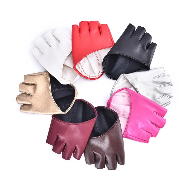 1pair Women Fashion PU Leather Half Finger Gloves Cool Goth Punk Rock Hollow Fingerless Gloves Boy Gloves For Fitness