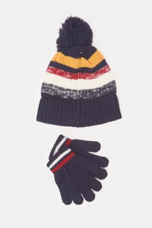 Boys Navy Knitted Cap With Gloves (2 Piece)