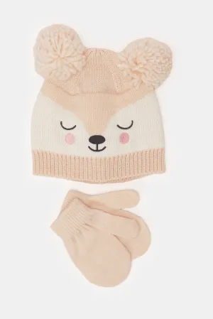 Girls Pink Knitted Cap With Gloves Set (2 Piece)