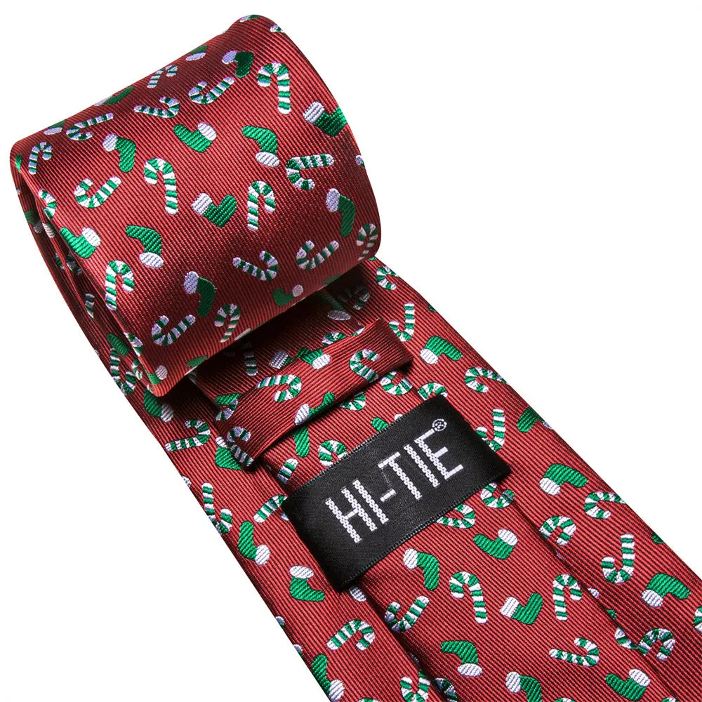 Hi-Tie Red Christmas Gloves Cane Tie Pocket Square Cufflinks Set