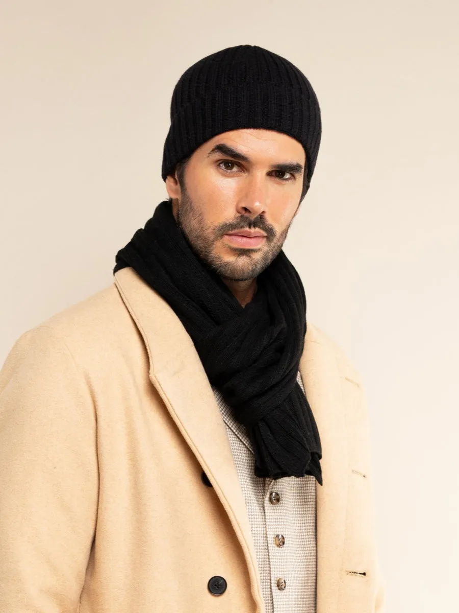 Napoli (black) - 100% cashmere ribbed scarf (unisex)